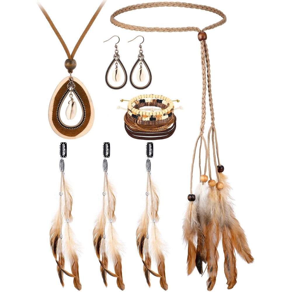 7675 7 Pcs Feather Hair Clip Feather Headband Hairband Set